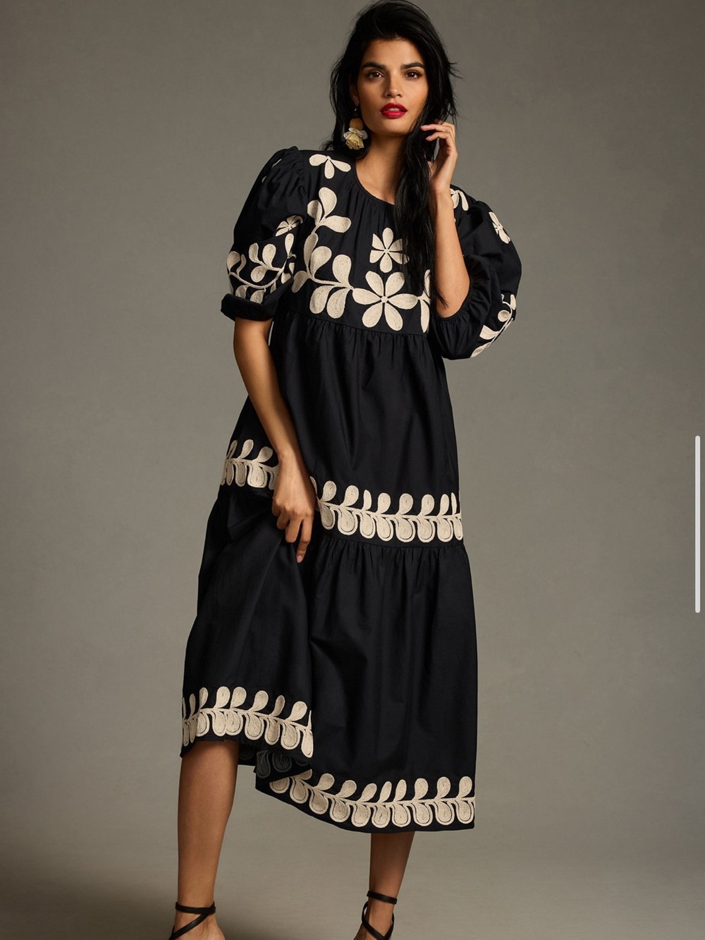 Anthropologie Embroidered Puff-Sleeve Midi Dress size XS Resort Bohemian